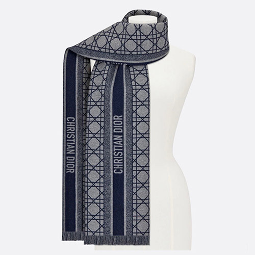 디올 여성 까나쥬 캐시미어 버진 울 스카프 네이비 블루 그레이 31CAN205I005-C532 - Dior Cannage Cashmere Virgin Wool Scarf Navy Blue Gray