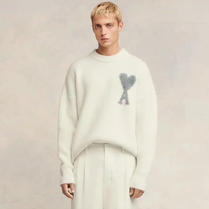 아미 남/녀 아이보리 크루넥 니트 - Ami Unisex Ivory Knits - amc9117x
