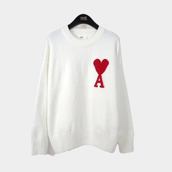 아미 남/녀 크루넥 니트 화이트 - Ami Unisex Pink Knits am9011