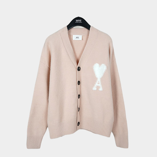 아미 남/녀 핑크 브이넥 가디건 - Ami Unisex Pink Cardigan - amc9112x