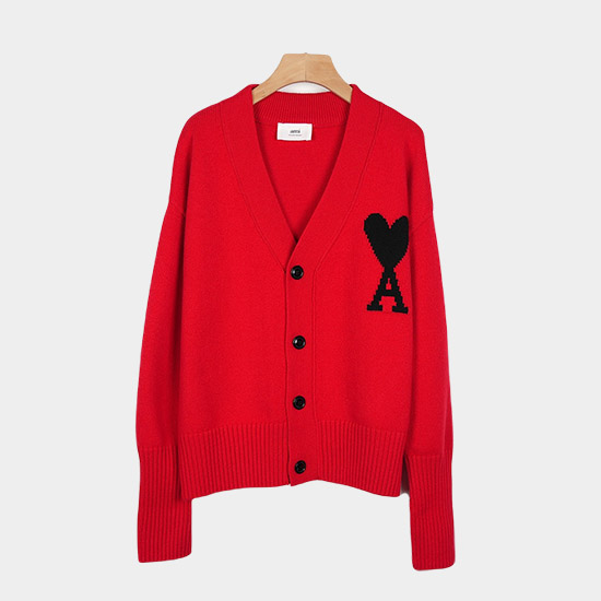 아미 남/녀 아이보리 브이넥 레드 - Ami Unisex Pink Cardigan - amc9112x