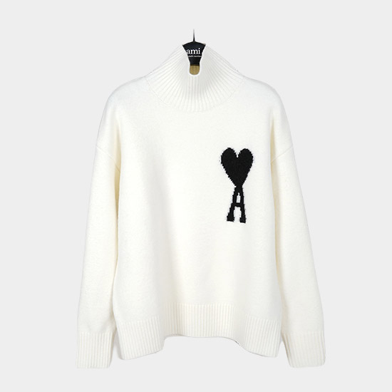 아미 남/녀 터틀넥 니트웨어 화이트 - Ami Unisex Turtle-neck Knitwear - amc7466x