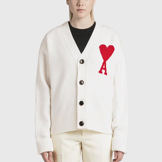 아미 남/녀 화이트 브이넥 가디건 - Ami Unisex Pink Cardigan - amc9112x