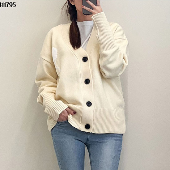 아미 남/녀 아이보리 브이넥 가디건 - Ami Unisex Pink Cardigan - amc9112x