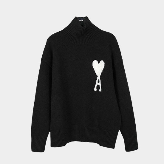 아미 남/녀 터틀넥 니트웨어 블랙 - Ami Unisex Turtle-neck Knitwear - amc7466x