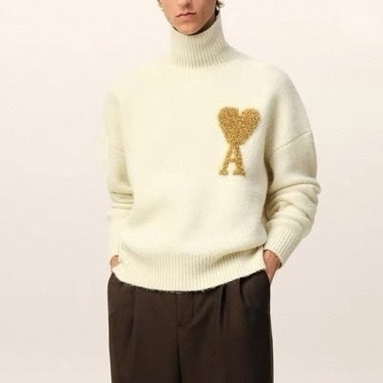 아미 남/녀 터틀넥 니트웨어 아이보리 - Ami Unisex Turtle-neck Knitwear - amc7466x