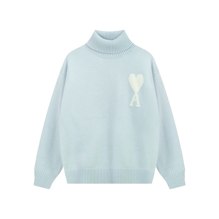 아미 남/녀 블루 터틀넥 니트 - Ami Unisex Camel Knits - amc9111x