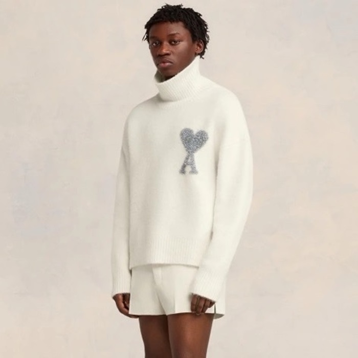 아미 남/녀 아이보리 터틀넥 니트 - Ami Unisex Ivory Knits - amc9119x