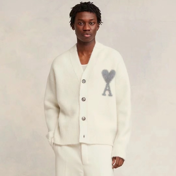 아미 남/녀 아이보리 브이넥 가디건 - Ami Unisex Ivory Cardigan - amc9118x
