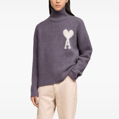 아미 남/녀 터틀넥 니트웨어 퍼플 - Ami Unisex Turtle-neck Knitwear - amc7466x