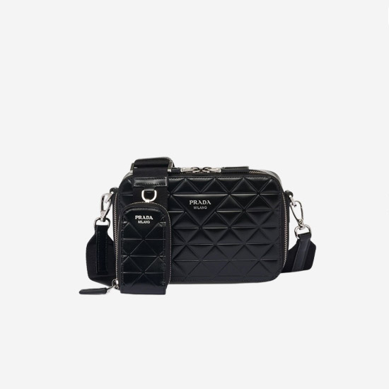 프라다 브리크 브러쉬드 레더 백 트라이앵글 모티프 블랙 2VH070 - Prada Brique Brushed Leather Bag Triangle Motif Black