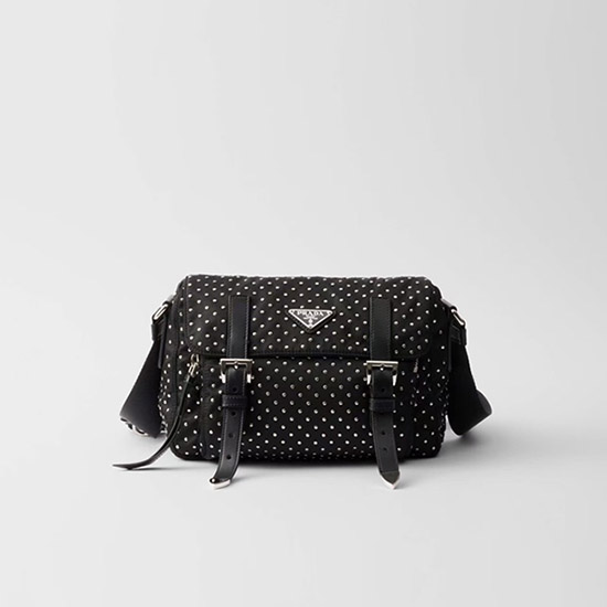 프라다 리나일론 숄더백 스터드 블랙 1BD382 - Prada Re-Nylon Shoulder Bag with Studs Black