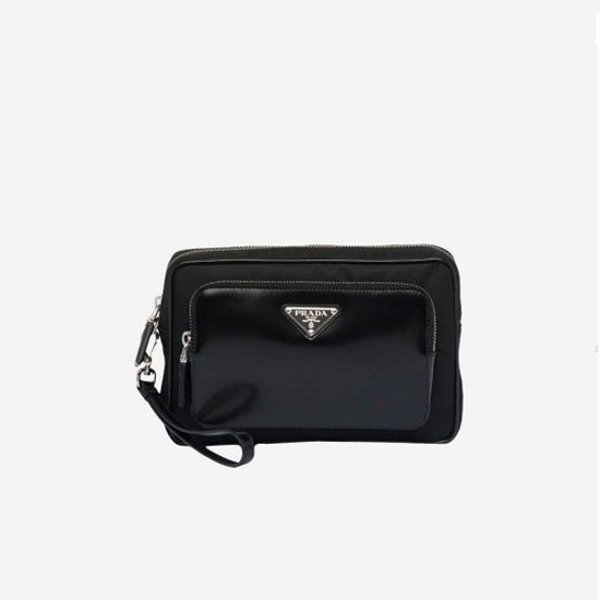 프라다 리나일론 브러쉬드 레더 파우치 블랙 2VF041 - Prada Re-Nylon Brushed Leather Pouch Black